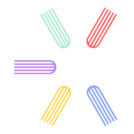 Logo, using the shape of five books in the colours of red, green, purple, yellow and blue.